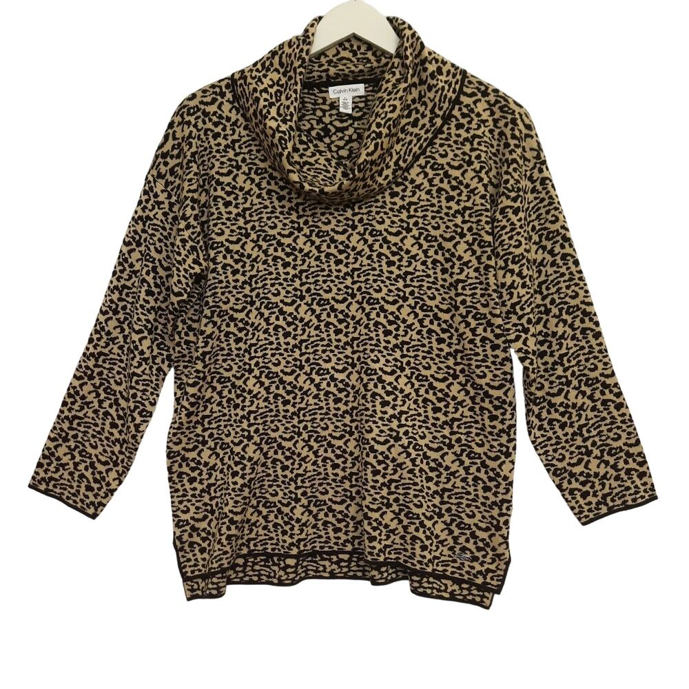 Calvin Klein Leopard Print Cowl Neck Sweater Sz Large Tunic Top Cozy Cheetah